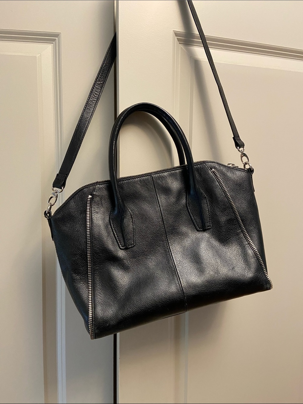 Audrey Brooke Black Leather Satchel with Dual Handles & Crossbody Strap
